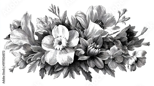 Floral decoration bundle in victorian engraving style featuring detailed anemones and blooms
