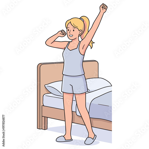 Woman stretching enthusiastically in her bedroom, raising one arm.