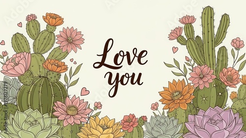 Hand drawn illustration of beautiful blooming cacti saying love you