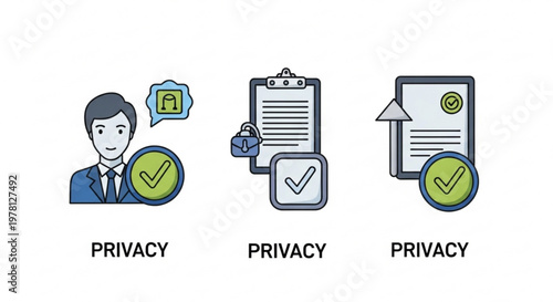A vector graphic illustration of a man with a checklist and documents representing data privacy and security
