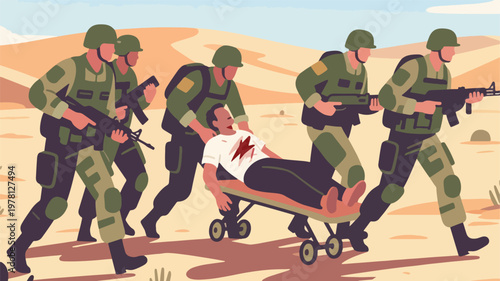 Illustration Of A Soldier Saving A Man In The Middle Of The Desert Vector Design Template