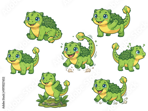 Cute Baby Ankylosaurus Armored Dinosaur Cartoon Character Mascot Isolated White Background Vector Illustration