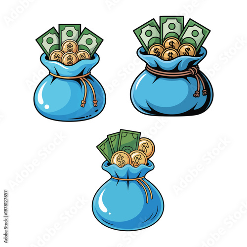 blue money sack filled with gold coins and paper currency vector icon banking wealth design