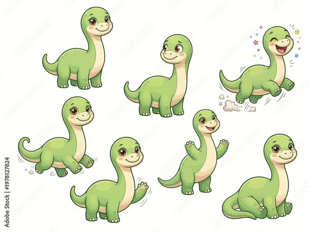 Fototapeta premium Cute Baby Brachiosaurus Long Neck Dinosaur Cartoon Character Mascot Isolated White Background Vector Illustration
