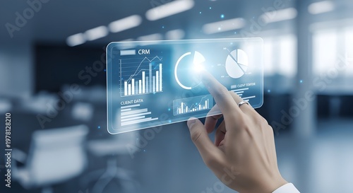 Hand interacting with a virtual digital interface in a modern office for advanced financial data analysis.