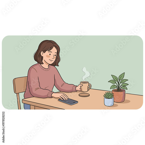 Woman sitting at a table working on a laptop with a cup of coffee and plants nearby indoors