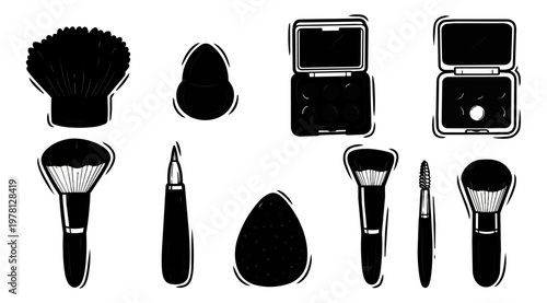 Cosmetic tools array isolated on black background for beauty and makeup concepts