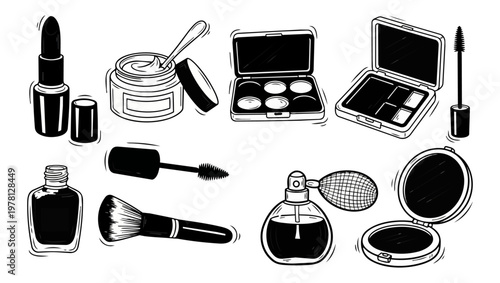 Cosmetics and makeup essentials illustrated collection on dark background