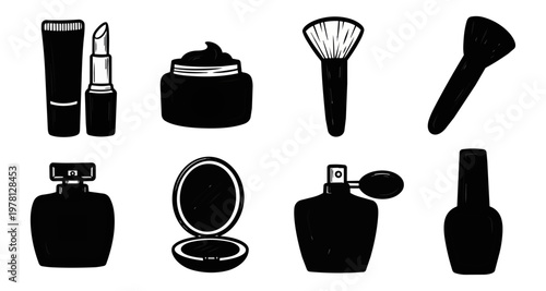 Cosmetics accessories and beauty products composition isolated on black background