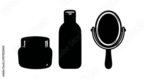 Cosmetics illustration lipstick eyeshadow palette sponge brush on black background