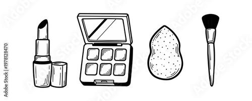 Cosmetics illustration lipstick eyeshadow palette sponge brush