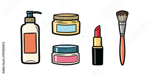 Cosmetics collection skincare makeup and beauty essentials on black background
