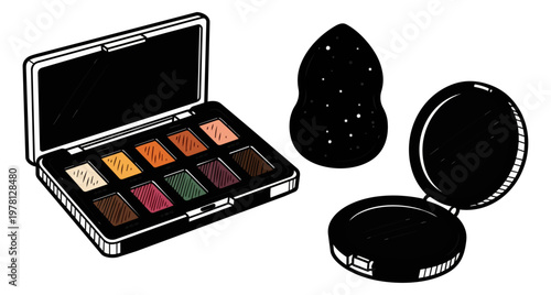 Cosmetics illustration makeup palette and compact on black background