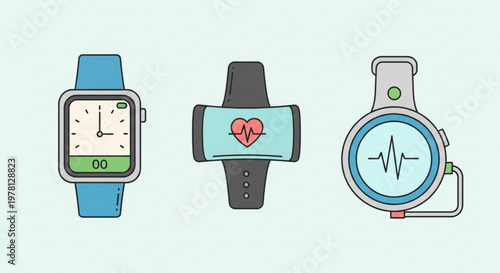 A vector graphic illustration of three smartwatches with different designs and health tracking features on a light blue background.