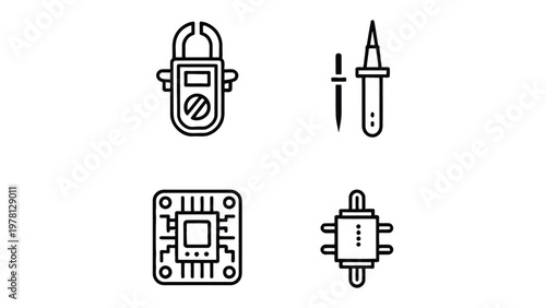 Electronic Tools Collection: A curated collection of essential electronic tools, meticulously illustrated with sleek black lines on a plain background.