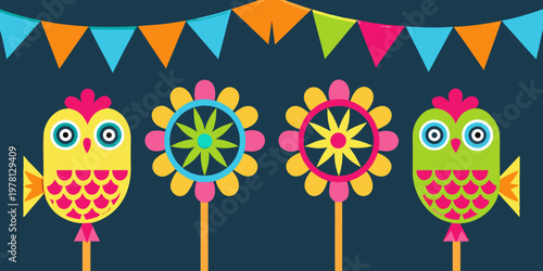Festive illustration featuring colorful owls flowers and bunting flags