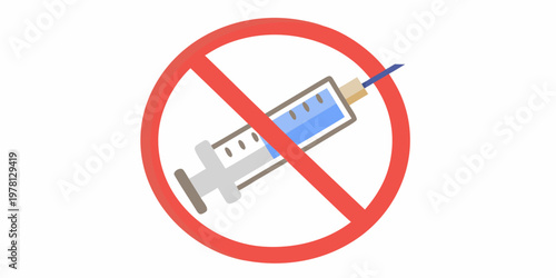 A syringe is displayed with a red prohibition or no symbol