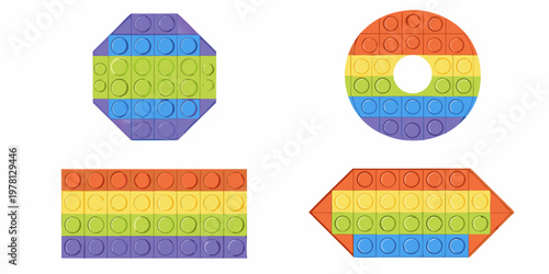 Colorful pop it fidget toys shaped like letters and a rectangle