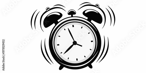 A black and white illustration of a ringing alarm clock