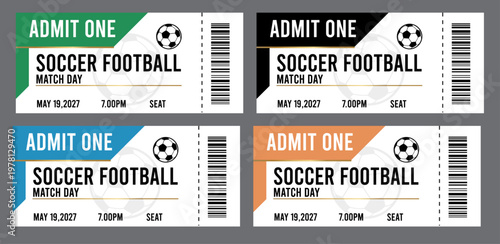 Soccer football tickets, admit one, match day, green and white