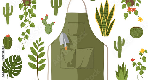 Green gardener's apron and tools surrounded by diverse houseplants, including cacti, succulents, and tropical foliage, illustrating home gardening and plant care