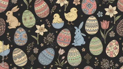 Colorful patterned easter eggs with cute bunnies and small yellow chicks