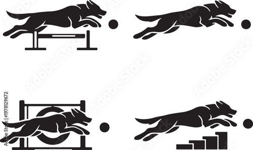 Running Dog Silhouette Set with Agility Obstacles and Sports Training Elements