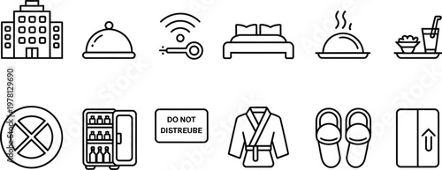 Hotel and Hospitality Line Icon Set, Accommodation and Service Symbols Collection for Travel, Booking, Reception, Room Service and Tourism Industry, Vector Illustration for Apps, Websites and Branding