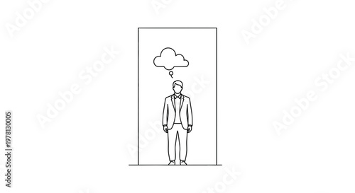 Businessman trapped in a box, thinking with a cloud above his head, feeling stuck.