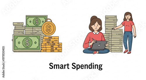 A vector graphic illustration of smart spending with two women surrounded by stacks of money and gold coins.