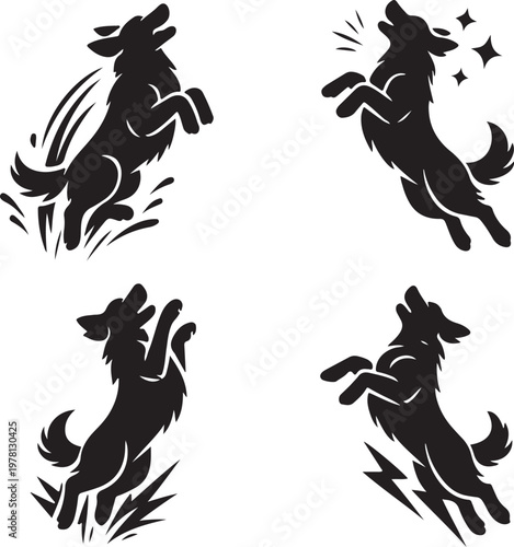 Jumping Dog Silhouettes Set, Playful Wolf and Puppy Action Poses, Black Vector Icons Isolated on White Background