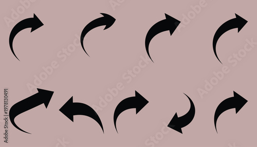 Collection of eight black curved arrows on a light purple background
