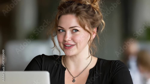 Large businesswoman smiling while working in a coffee shop during the afternoon