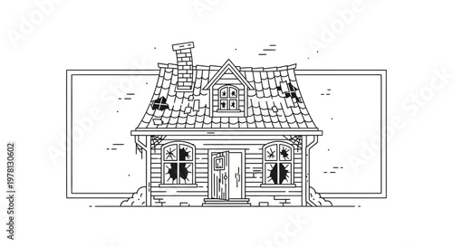 Abandoned House Drawing: Dilapidated Cottage with Broken Windows and Damaged Roof