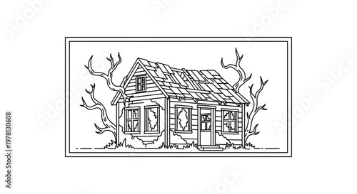 Abandoned Haunted House Outline Drawing, Creepy Old Building with Broken Windows and Dead Trees