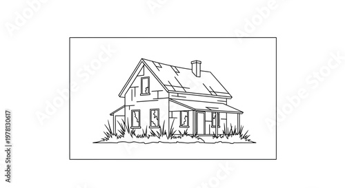 Abandoned House Drawing: Dilapidated Home with Broken Windows and Overgrown Yard