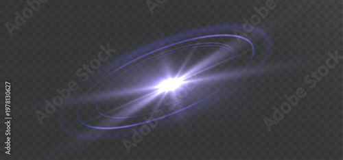 Bright central light flare surrounded by soft glowing ring and subtle motion trails, isolated on transparent background, elegant energy halo effect for overlays and digital design.
