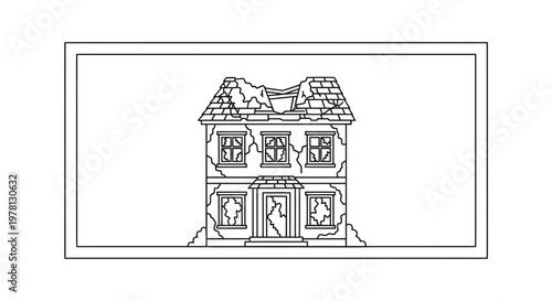Abandoned House Outline Drawing, Dilapidated Building, Broken Windows, Ruined Facade