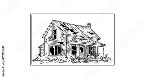 Abandoned House Illustration: Dilapidated Building with Broken Windows and Damaged Roof