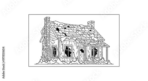 Abandoned House Illustration: Dilapidated Home with Broken Windows and Collapsed Roof