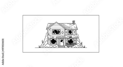 Abandoned House Illustration: Dilapidated Home with Broken Windows and Overgrown Surroundings