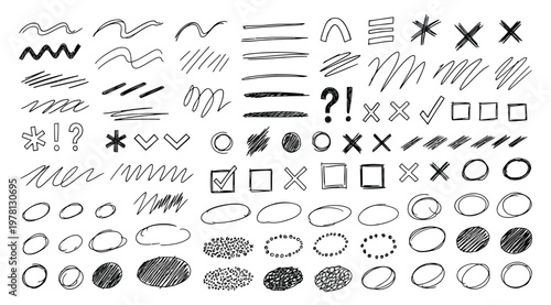 A collection of black and white hand drawn vector illustration design elements on a pure
