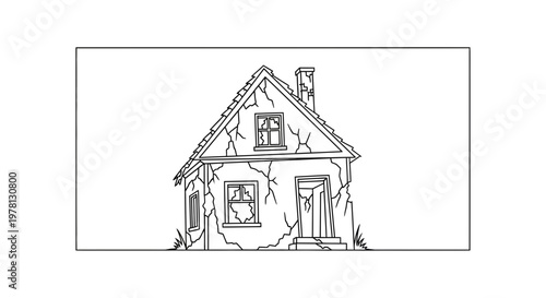 Dilapidated Abandoned House Exterior, Cracked Walls, Broken Windows, Rural Decay