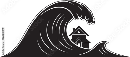 Tsunami wave, crashing wave, house underwater, flood disaster, black and white vector isolated on Transparent Background