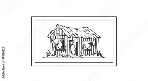 Dilapidated Abandoned Shack in Rural Setting - Hand Drawn Illustration