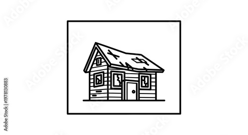 Dilapidated Cabin Icon: Rustic Abandoned House Sketch with Broken Windows