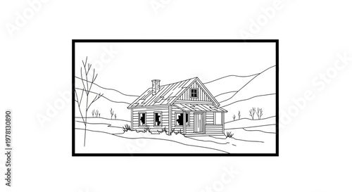 Abandoned Log Cabin in Rural Landscape, Dilapidated House, Wilderness Scene