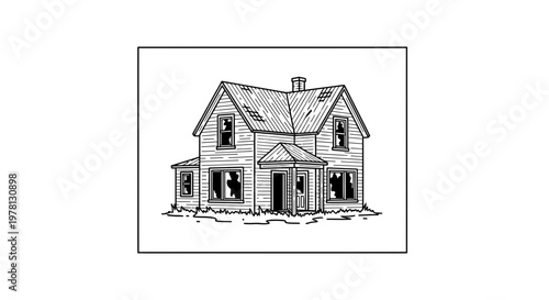 Dilapidated House Drawing: Abandoned Home with Broken Windows and Overgrown Yard