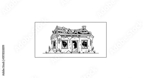 Dilapidated House Exterior, Broken Windows, Damaged Roof, Abandoned Building