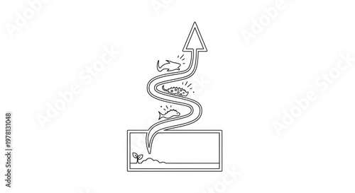 Ecosystem Growth: From Seedling to Aquatic Life and Upward Arrow